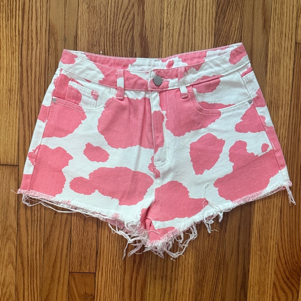 Pink and White Cow Print Women's Denim Shorts
